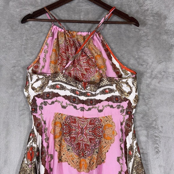 Aakaa Geometric Maxi Dress Size Large Pink Orange Red Multi Classic Halter Neck - Picture 8 of 12